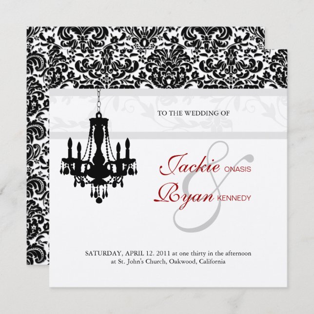 Wedding Invitation Chandelier Black Red Silver (Front/Back)