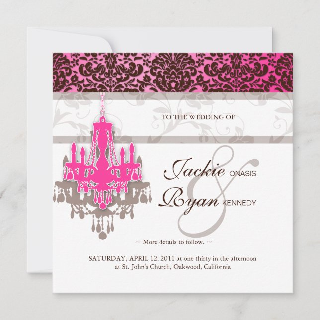 Wedding Invitation Chandelier Pink Brown Damask (Front)