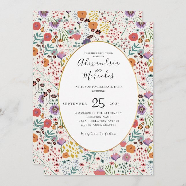 Wedding invitation colourful flowers Spring floral (Front/Back)