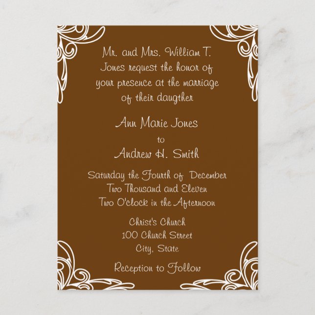 Wedding Invitation Corners Swirl on Chocolate Postcard (Front)