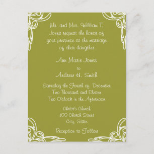 Wedding Invitation Corners Swirl on Olive Green Postcard