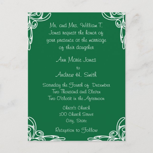 Wedding Invitation Corners Swirl on Sea Green (Front)