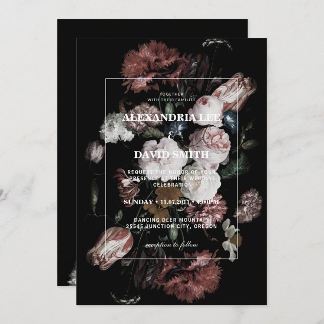 Wedding Invitation Dark Black Moody Floral (Front/Back)