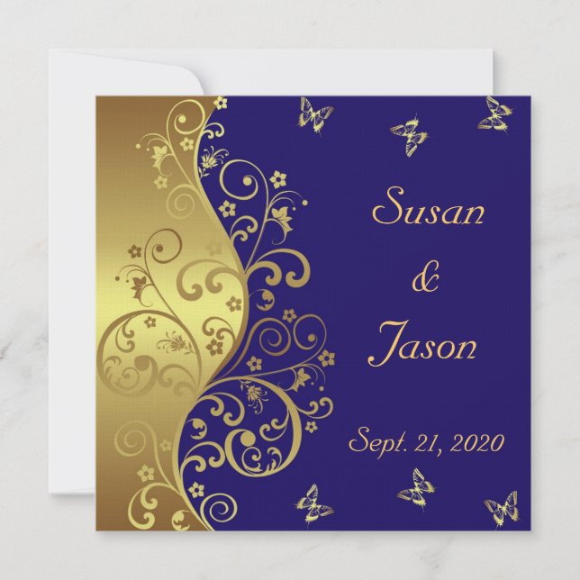 Wedding Invitation--Dark Blue & Gold Swirls Invitation (Front)
