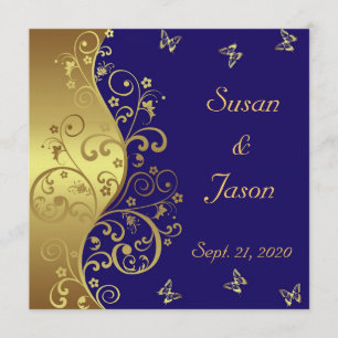 Wedding Invitation--Dark Blue & Gold Swirls Invitation