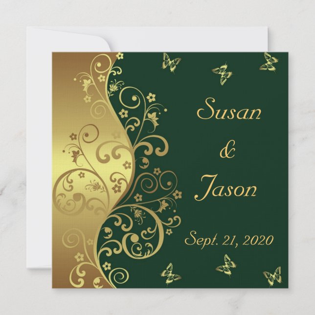 Wedding Invitation--Dark Green & Gold Swirls Invitation (Front)