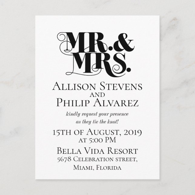 Wedding invitation design, with mr., mrs. elements postcard (Front)