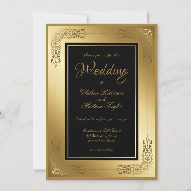 Wedding Invitation Elegant Black with Gold Frame (Front)