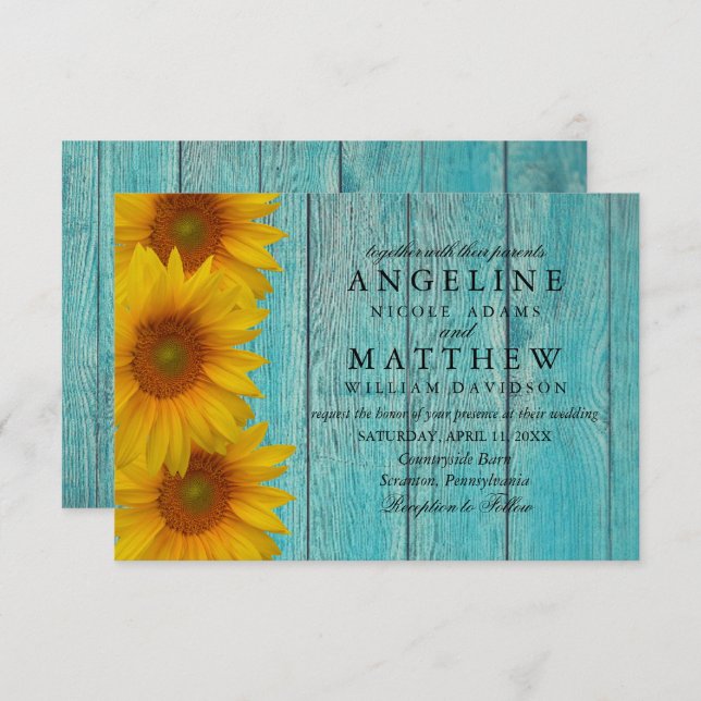 Wedding Invitation - Elegant Blue Rustic Sunflower (Front/Back)