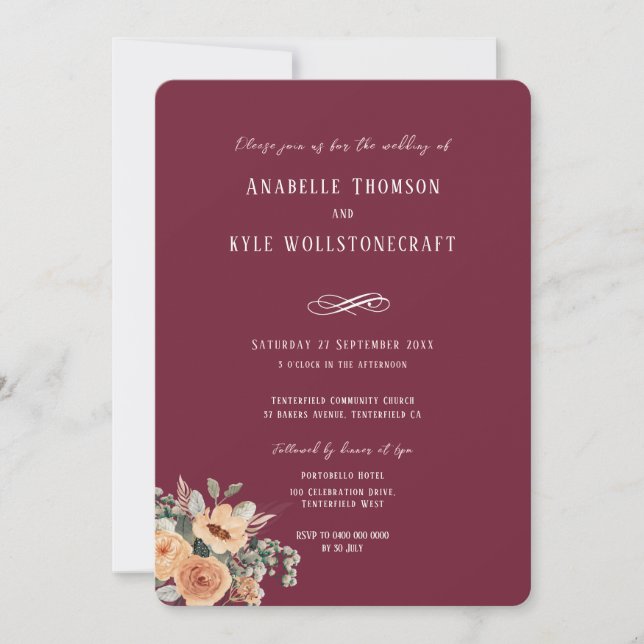 Wedding invitation - Elegant floral burgundy (Front)