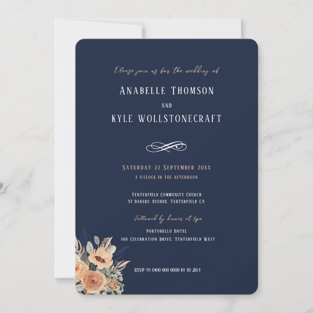 Wedding invitation - Elegant floral dark navy blue (Front)
