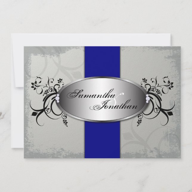 Wedding Invitation Elegant Grey Navy Blue Floral (Front)