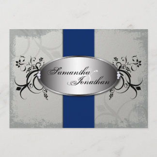 Wedding Invitation Elegant Grey Royal Blue Floral