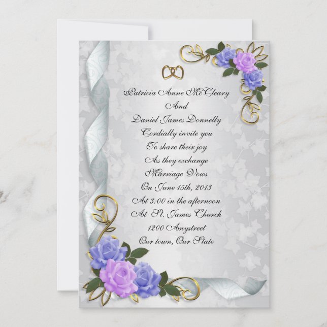 Wedding invitation elegant lavender and blue roses (Front)