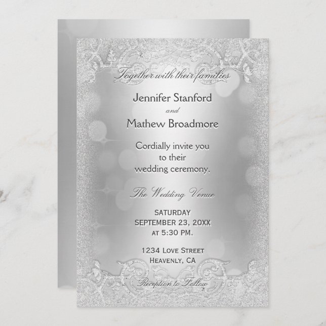 Wedding Invitation Elegant Silver Faux Glitter (Front/Back)