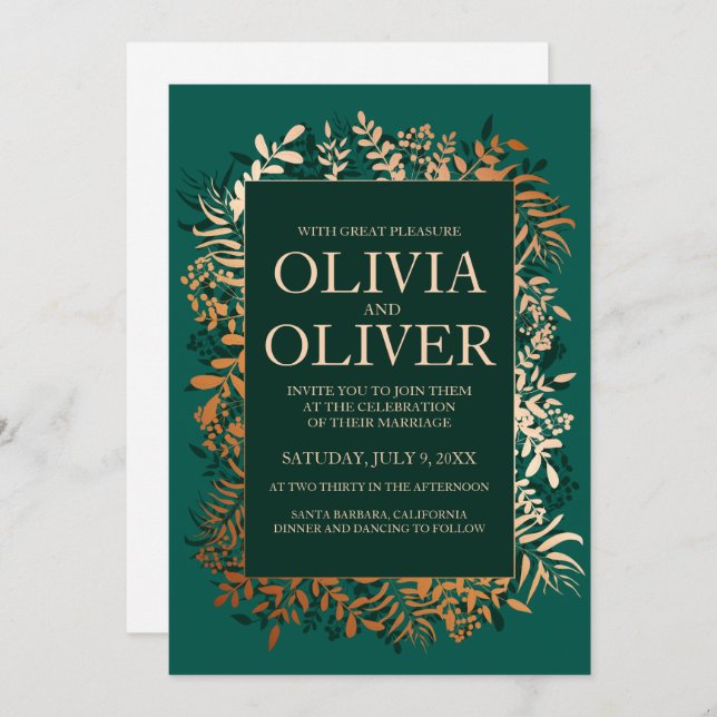 Wedding invitation Emerald gold herb (Front/Back)