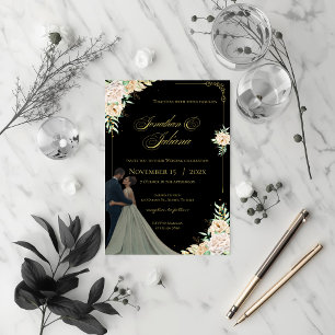 Wedding invitation featuring the bride and groom,