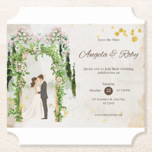 Wedding Invitation – Floral Arch Watercolor Design Paper Coaster