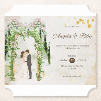 Wedding Invitation – Floral Arch Watercolor Design Paper Coaster