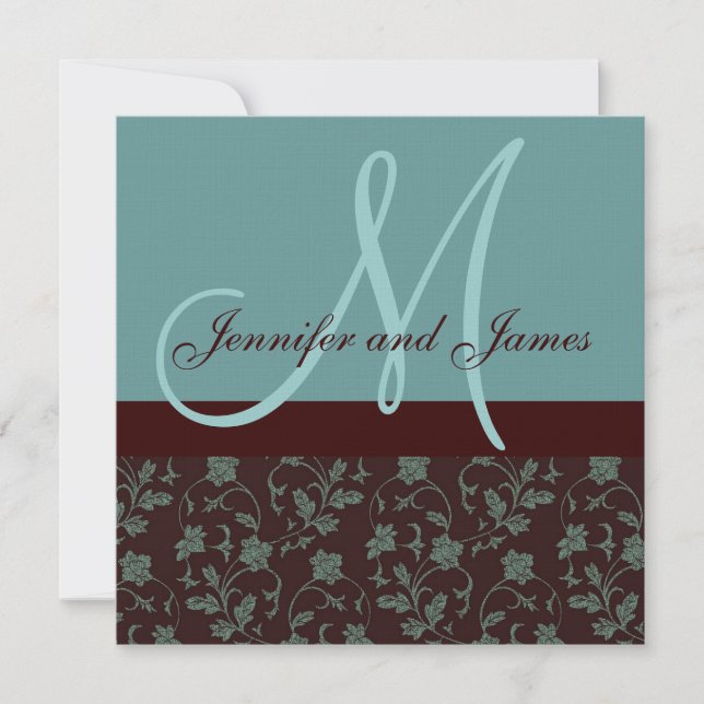 Wedding Invitation Floral Damask Blue Brown (Front)