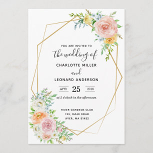 Wedding invitation floral dusk pink and gold