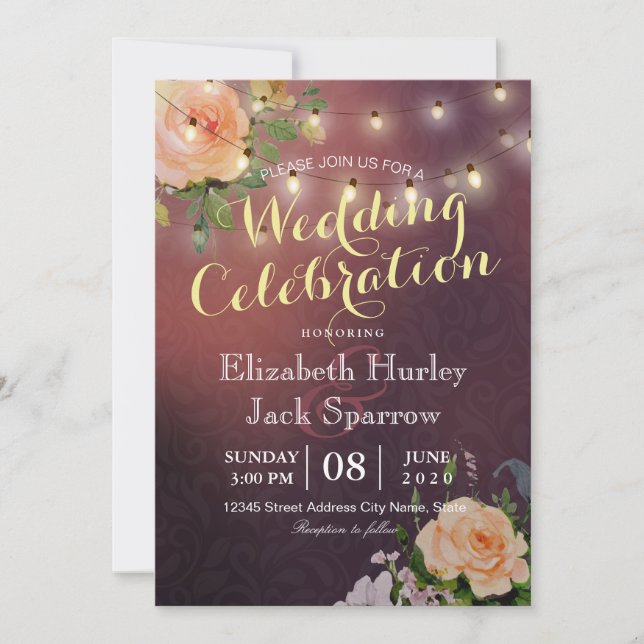 Wedding Invitation Floral & String Lights Burgundy (Front)