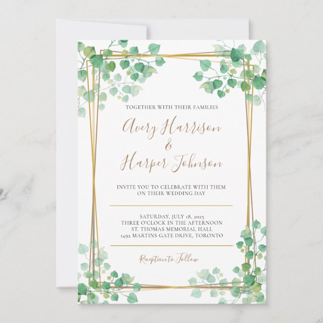 Wedding Invitation Foliage with gold border (Front)