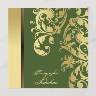Wedding Invitation Forest Green Gold Floral Swirls