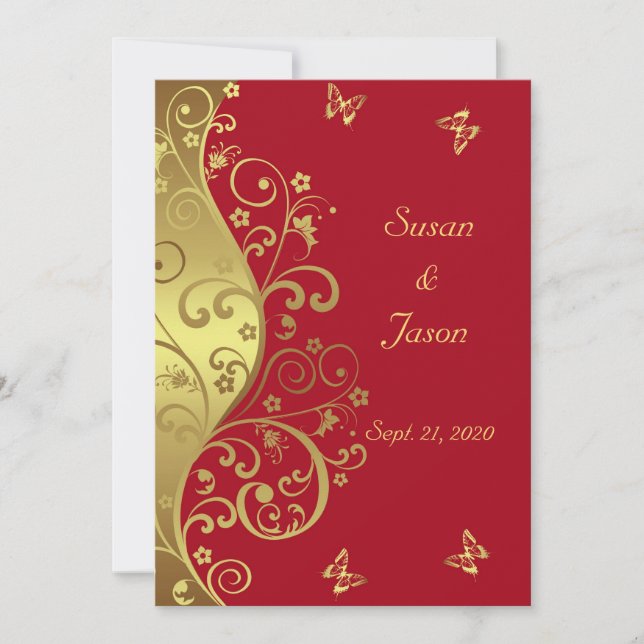 Wedding Invitation--Gold Swirls & Red 5x7 Invitation (Front)