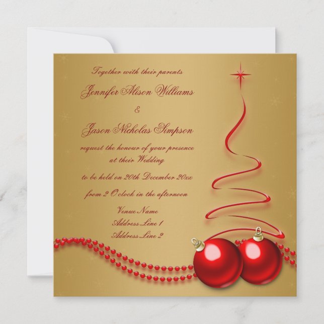 Wedding Invitation Gold with Red Christmas Tree (Front)