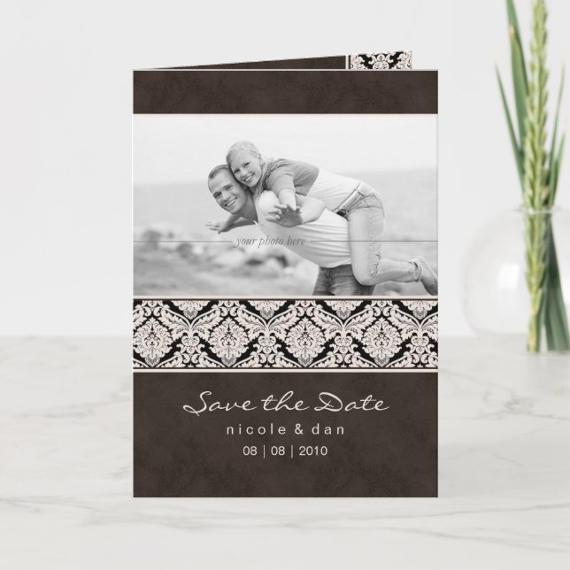 Wedding Invitation Greeting Card Brown Damask (Front)