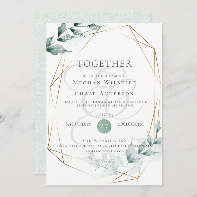 Wedding Invitation | Greyed Jade Green Botanical (Front/Back)