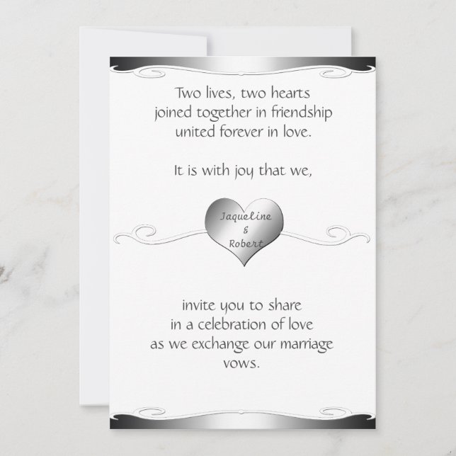 Wedding Invitation-Heart and Swirl Gradient Silver Invitation (Front)