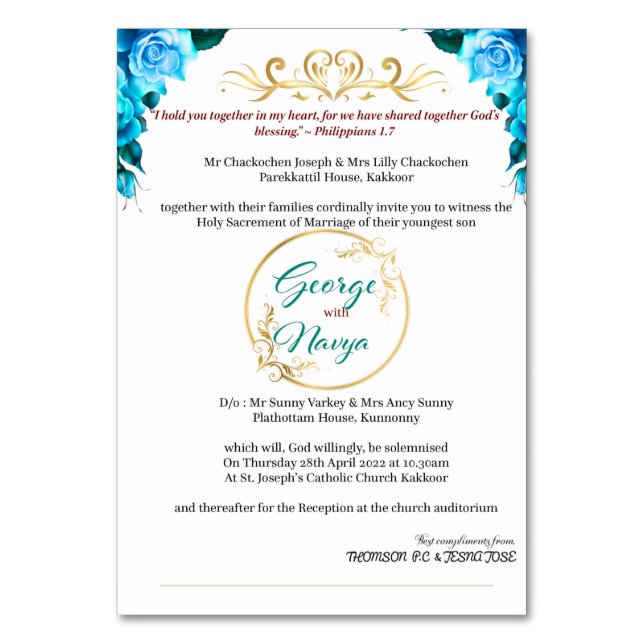 Wedding Invitation - Indian Floral Design Table Number (Front)