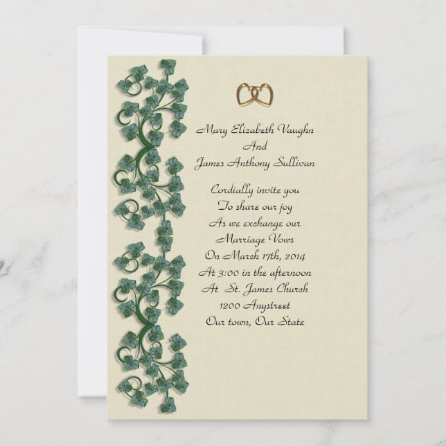 Wedding invitation ivy leaves on linen-look BG (Front)
