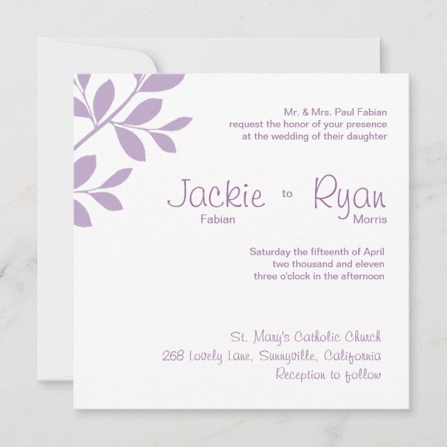 Wedding Invitation Leaf Branch Purple (Front)