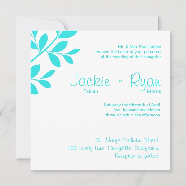 Wedding Invitation Leaf Branch Turquoise Blue (Front)