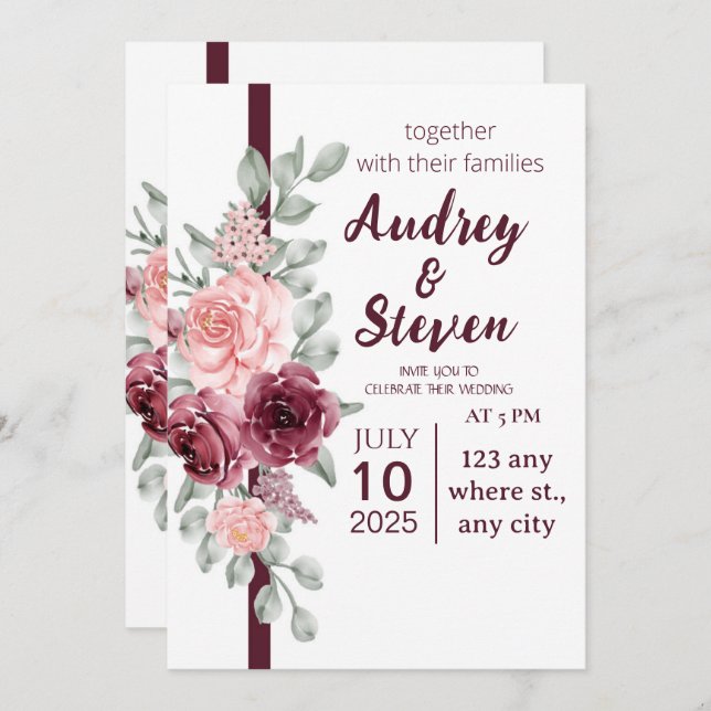 Wedding Invitation Magenta Line Ribbon Floral (Front/Back)