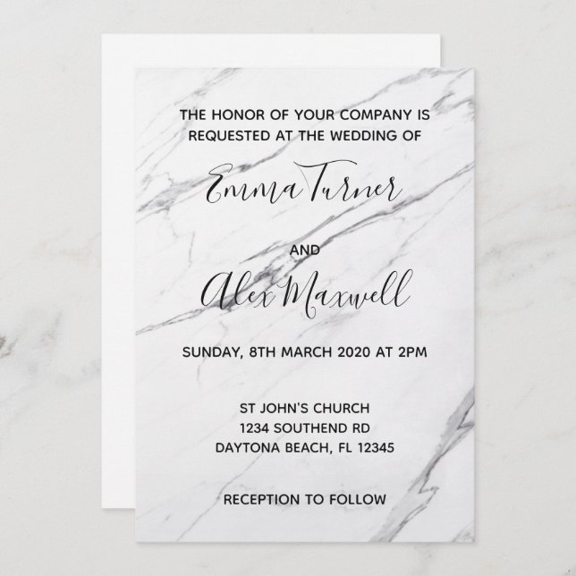 Wedding Invitation | Modern White Marble Script (Front/Back)