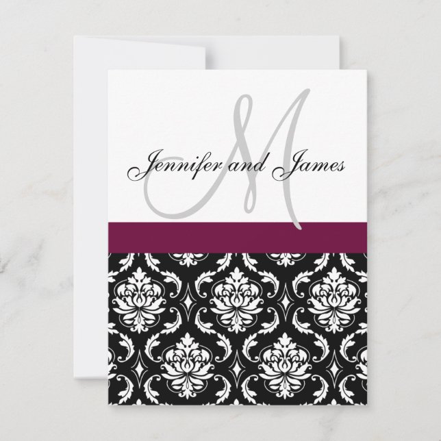 Wedding Invitation Monogram Burgundy Black Damask (Front)