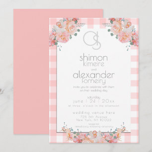 Wedding Invitation Monogram Coral Gingham Floral
