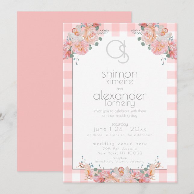 Wedding Invitation | Monogram Coral Gingham Floral (Front/Back)