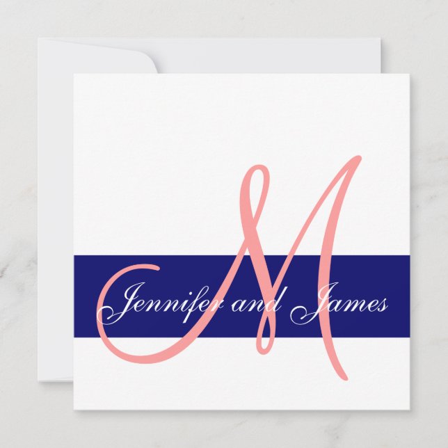 Wedding Invitation Monogram Coral Pink Navy Blue (Front)