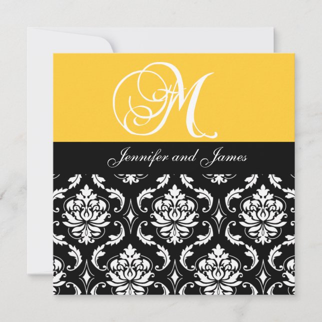 Wedding Invitation Monogram M Names Black Damask (Front)