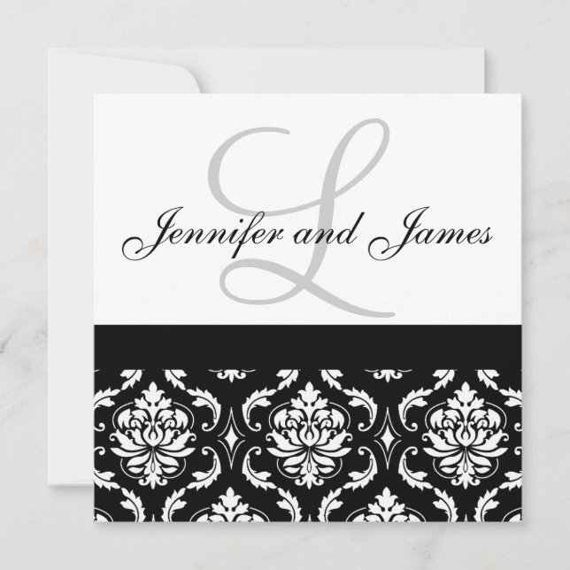 Wedding Invitation Monogram Names Black Damask (Front)
