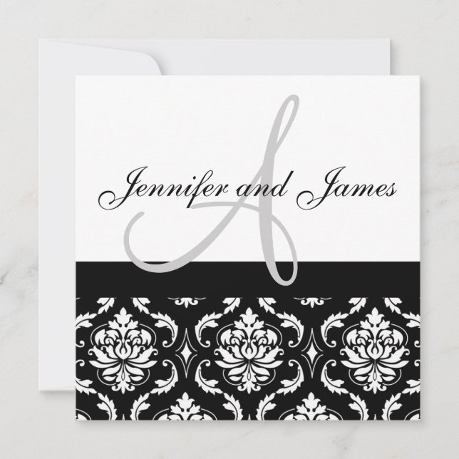 Wedding Invitation Monogram Names Black Damask (Front)
