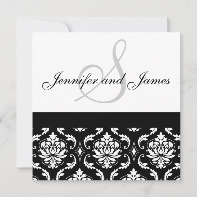 Wedding Invitation Monogram Names Black Damask (Front)