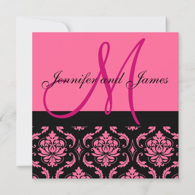 Wedding Invitation Monogram Names Hot Pink Damask (Front)