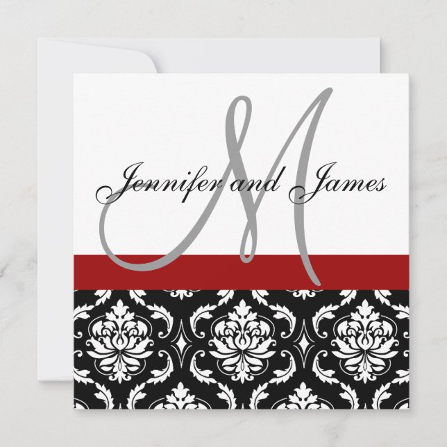 Wedding Invitation Monogram Names Hot Red Damask (Front)