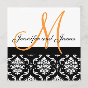 Wedding Invitation Monogram Names Orange Damask